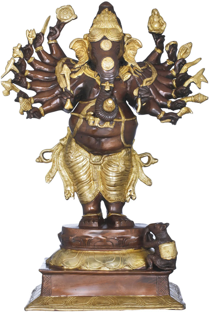 23" Sixteen Armed Ganesha Brass Statue Handmade