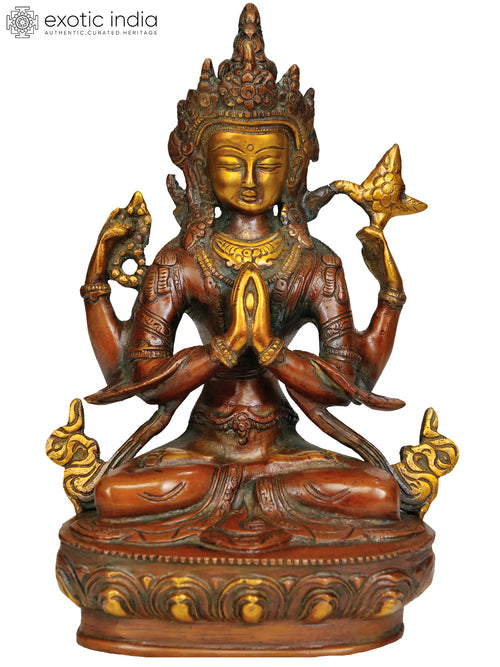 8" Handmade Brass Chenrezig Four Armed Avalokiteshvara Statue