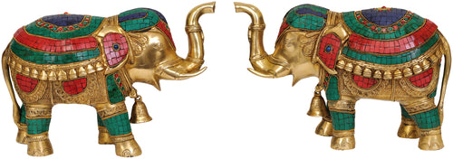 Brass Inlay Elephants Pair Statue