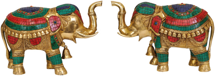Brass Inlay Elephants Pair Statue