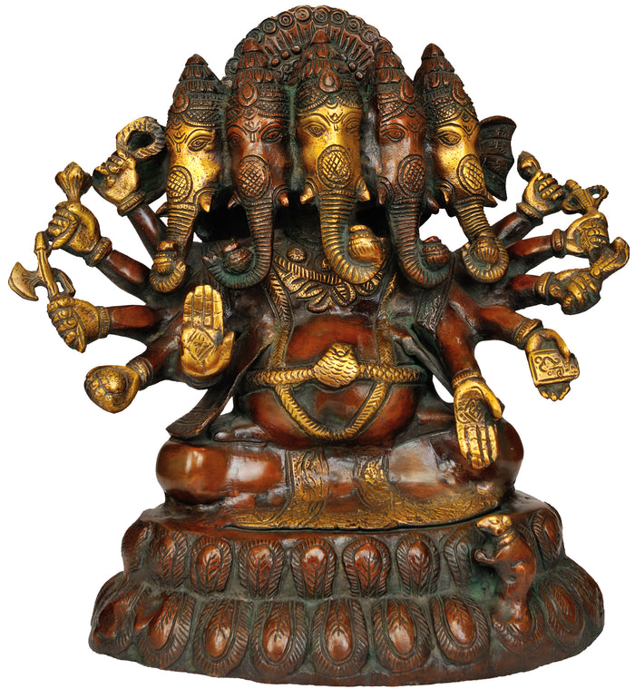 13" Five Headed Ganesha Brass Statue Handmade