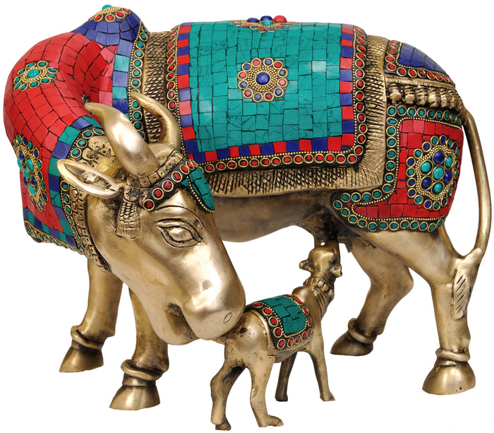 13" Brass Cow and Calf Handmade Statue