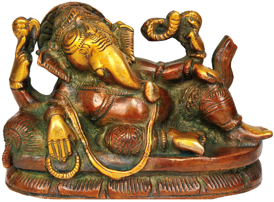 5" Reclining Ganesha Brass Statue Handmade