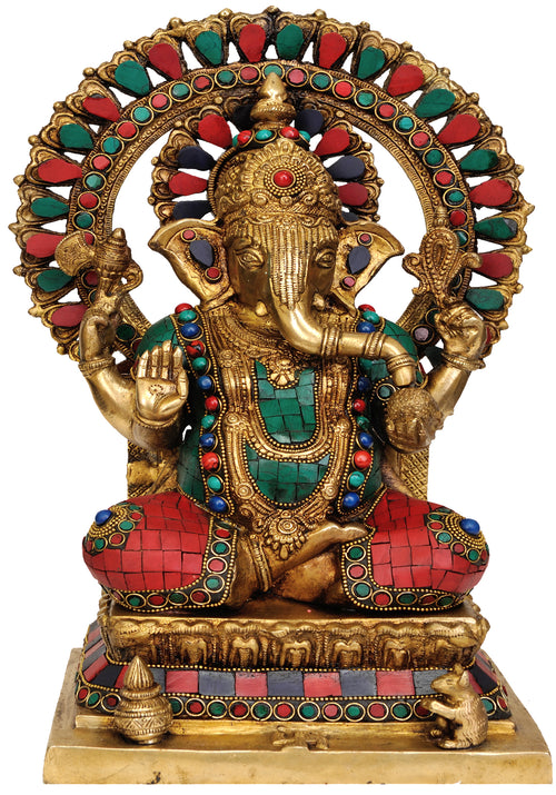 17" Lord Ganesha on Throne Handmade Brass Statue