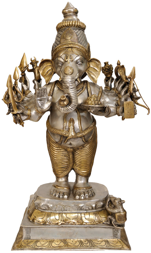 31" Sixteen-Armed Vira-Ganesha Handmade Brass Statue