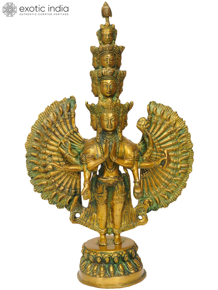 14" Tibetan Buddhist Deity Eleven Headed Thousand Armed Avalokiteshvara In Brass | Handmade | Made In India