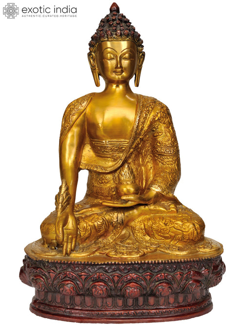 13" Handmade Medicine Buddha Brass Statue with Carved Robe