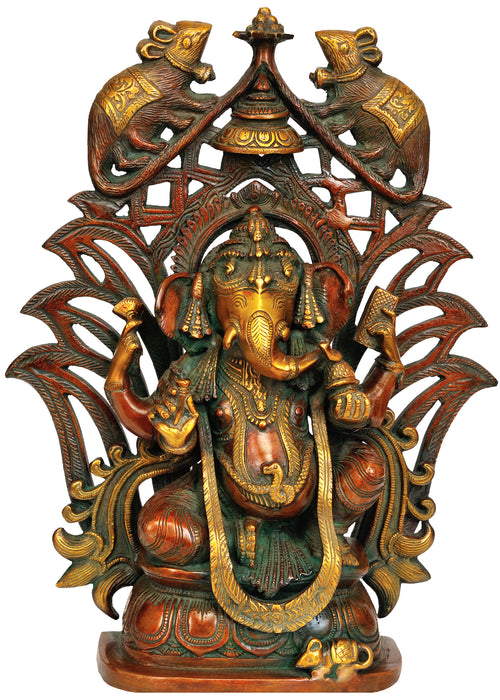 13" Handmade Lord Ganesha Brass Statue with Decorative Details