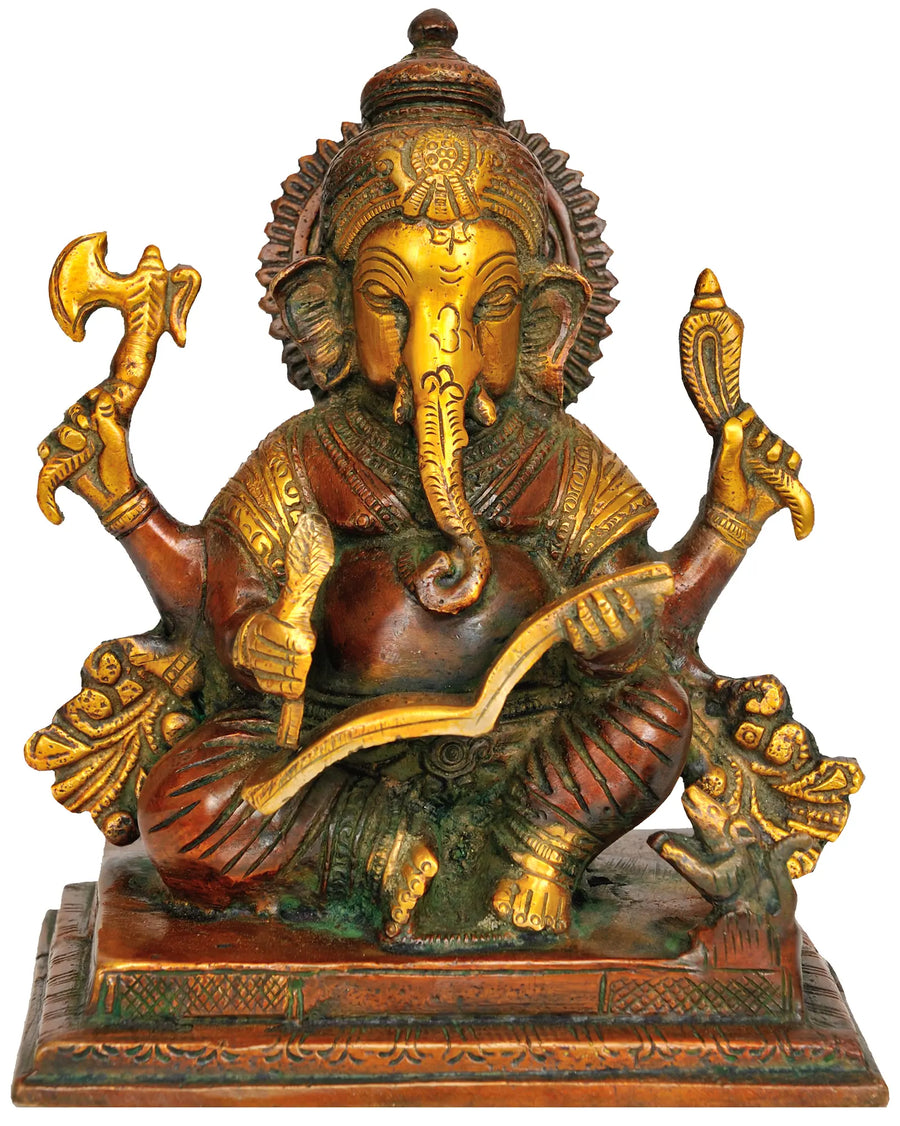 6" Handmade Lord Ganesha Writing Brass Idol for Pooja