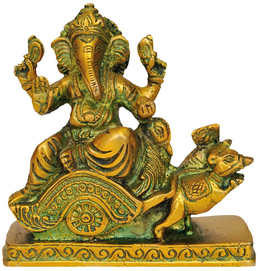 4" Handmade Lord Ganesha on Mouse Chariot Brass Statue