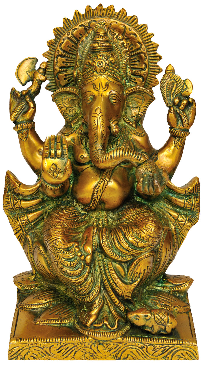8" Handmade Ganesha Brass Idol with Axe and Noose
