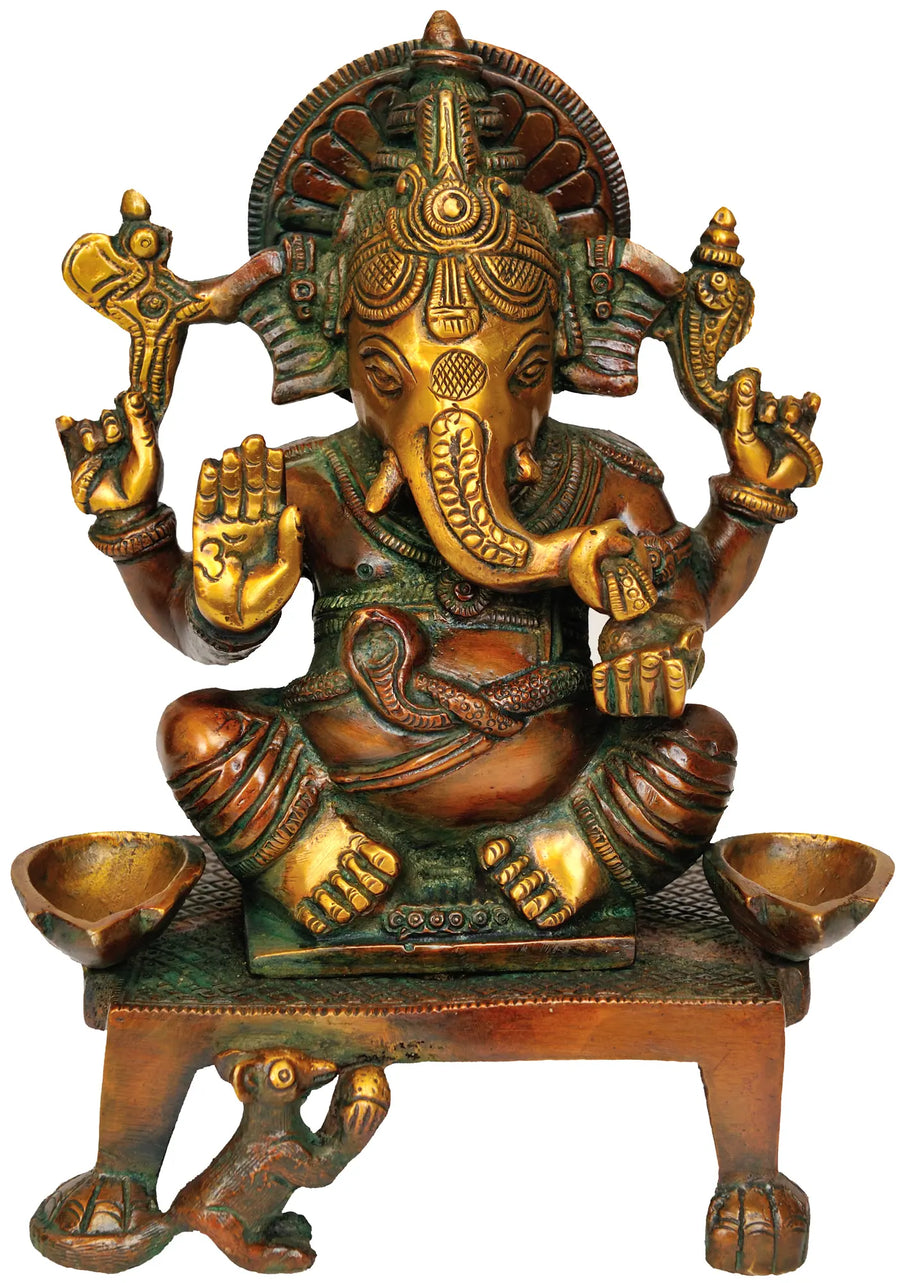 8" Handmade Brass Lord Ganesha Diya for Pooja