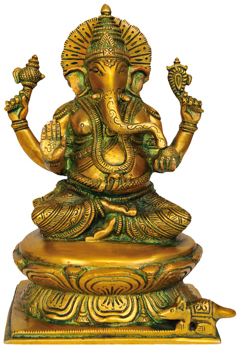 8" Ganesha Idol Seated on Lotus in Brass | Handmade | Made in India