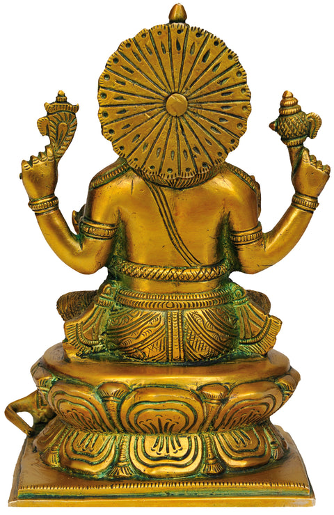 8" Ganesha Idol Seated on Lotus in Brass | Handmade | Made in India