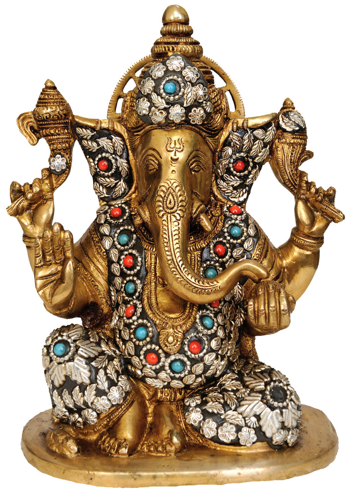 8" Handmade Ganesha Brass Sculpture with Inlay Detailing