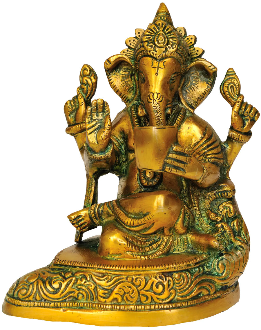 6" Handmade Brass Ganesha Idol Reading Sacred Scripture