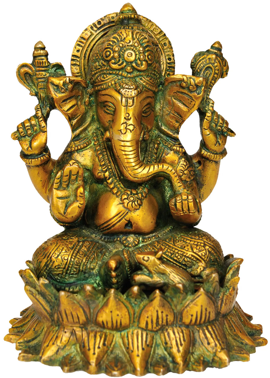 5" Handmade Brass Lord Ganesha on Lotus Statue