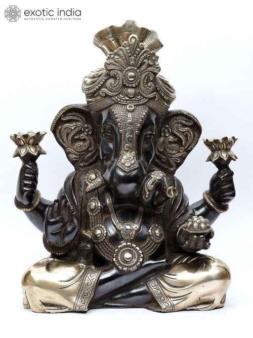 17" Handmade Brass Ganesha Statue with Turban