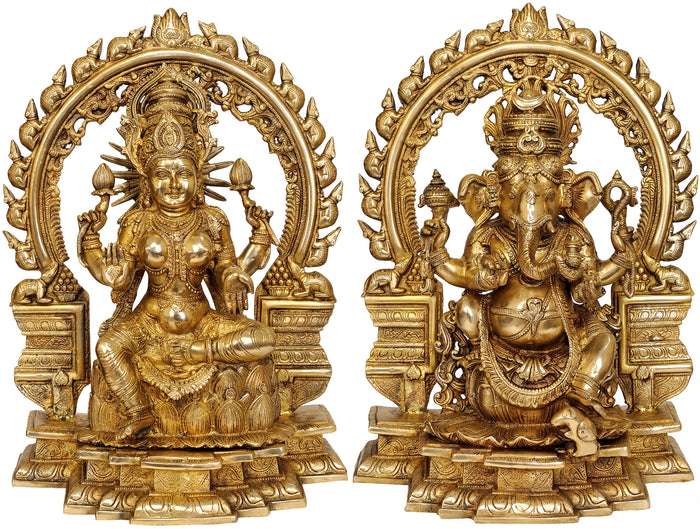 18" Brass Lakshmi and Ganesha Statue Handmade
