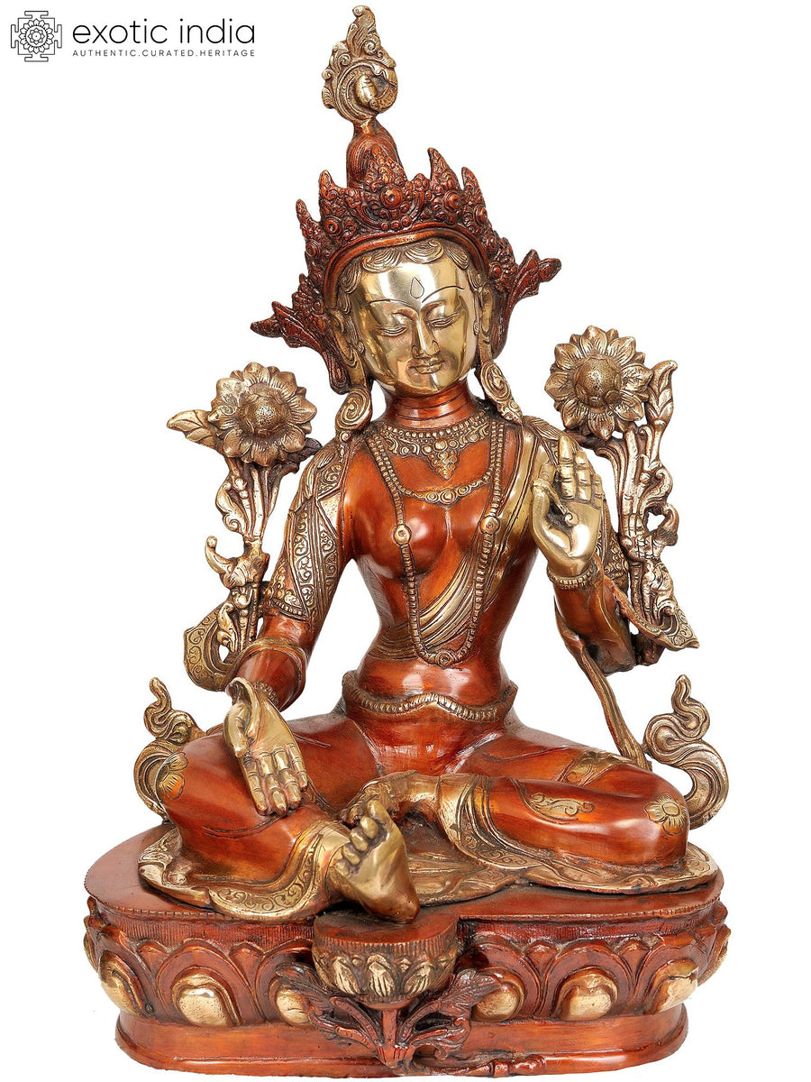 19" Green Tara Brass Statue Handmade Buddhist Goddess