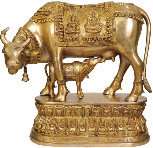 22" Handmade Brass Cow and Calf Statue with Lakshmi and Ganesha