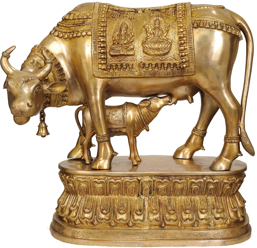 22" Handmade Brass Cow and Calf Statue with Lakshmi and Ganesha