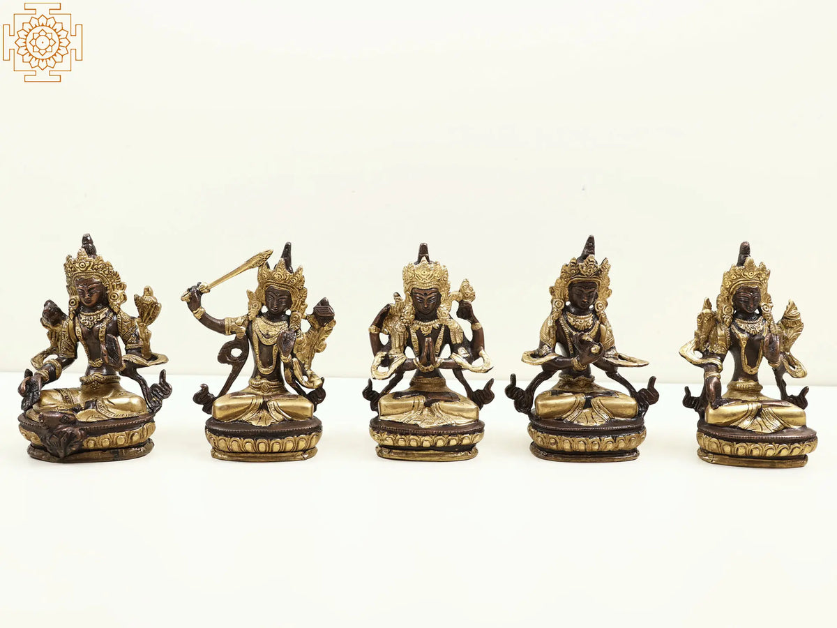 5" Small Set of 5 Buddhist Deities Brass Idol - Green Tara, Manjushri, Chenrezig, Vajradhara and White Tara