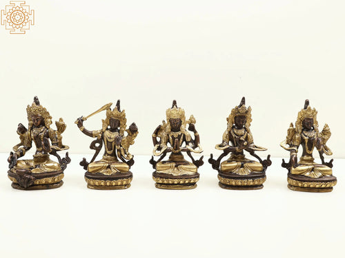 5" Buddhist Deities Brass Idol Set - Green Tara, Manjushri, Chenrezig