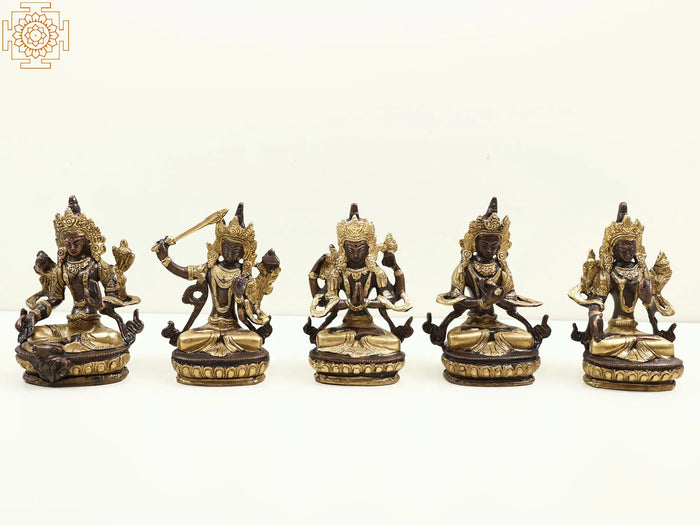 5" Small Set of 5 Buddhist Deities Brass Idol - Green Tara, Manjushri, Chenrezig, Vajradhara and White Tara
