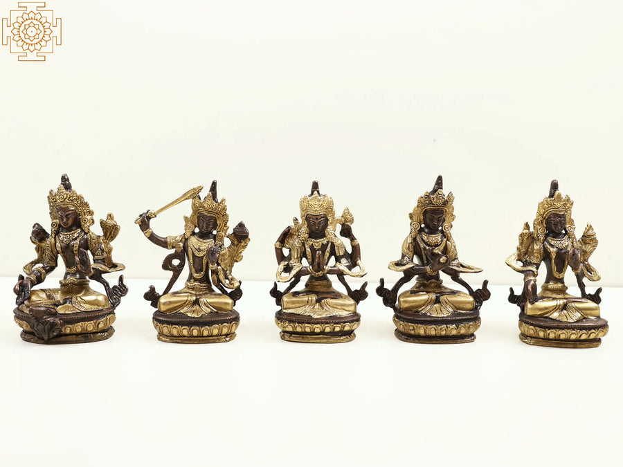 5" Buddhist Deities Brass Idol Set - Green Tara, Manjushri, Chenrezig