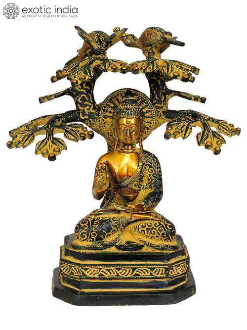 9" Buddha Under Bodhi Tree Brass Statue Handmade