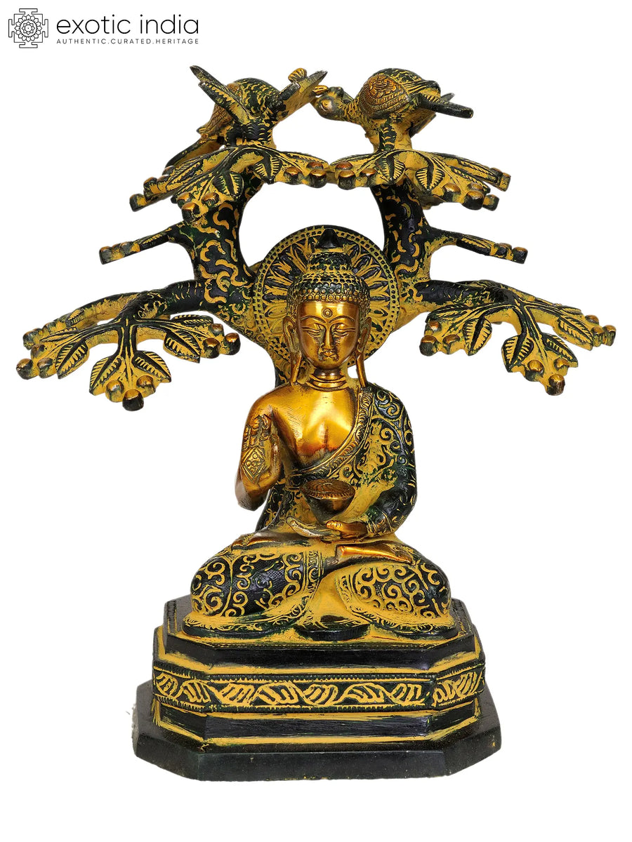 9" Buddha Under Bodhi Tree Brass Statue Handmade