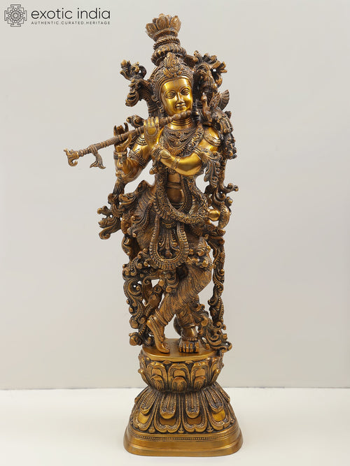 29" Brass Lord Krishna Handmade Idol Playing Flute Statue