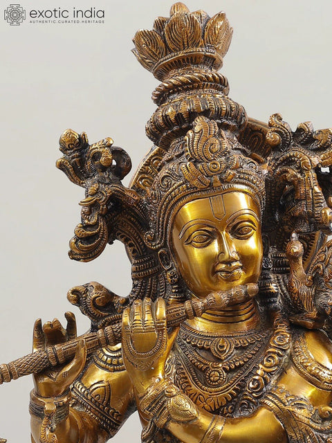 29" Brass Lord Krishna Idol Playing Flute | Handmade Statues | Made in India