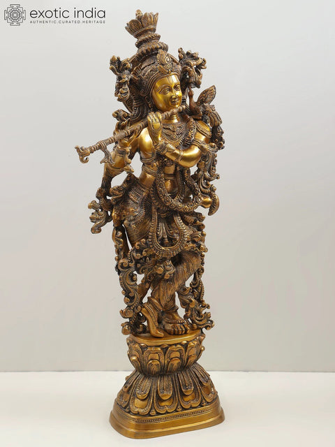 29" Brass Lord Krishna Idol Playing Flute | Handmade Statues | Made in India