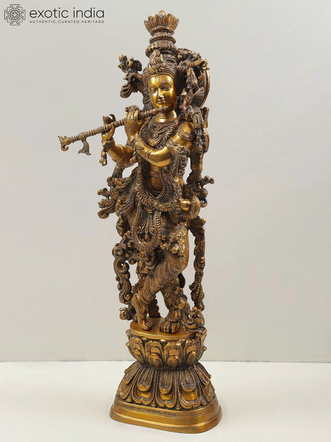 29" Brass Lord Krishna Idol Playing Flute | Handmade Statues | Made in India