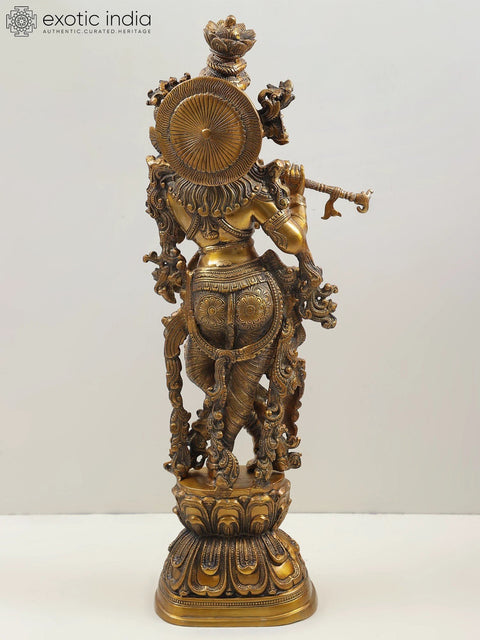 29" Brass Lord Krishna Idol Playing Flute | Handmade Statues | Made in India