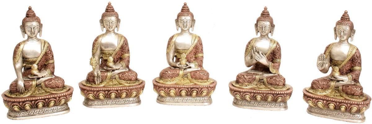 7" Tibetan Buddhist Deities Set of Five Buddhas In Brass | Handmade | Made In India