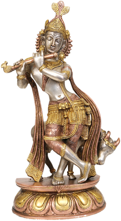 14" Lord Krishna With His Cow Brass Statue Handmade