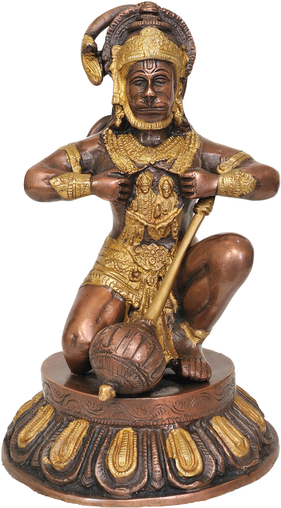 9" Hanuman Tearing Chest Brass Statue Revealing Rama and Sita