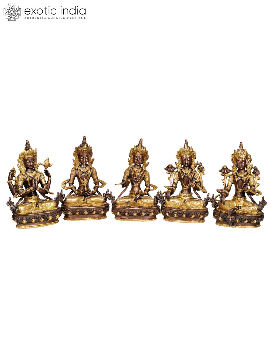 8" Tibetan Buddhist Deities Brass Statue Set of 5 Handmade