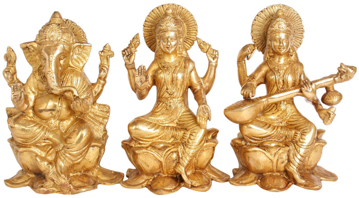 9" Ganesha, Lakshmi and Saraswati In Brass | Handmade | Made In India