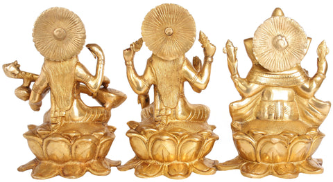 9" Ganesha, Lakshmi and Saraswati In Brass | Handmade | Made In India