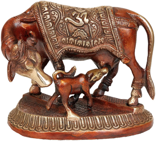 4" Brass Cow and Calf Statue with Om Saddle Decoration