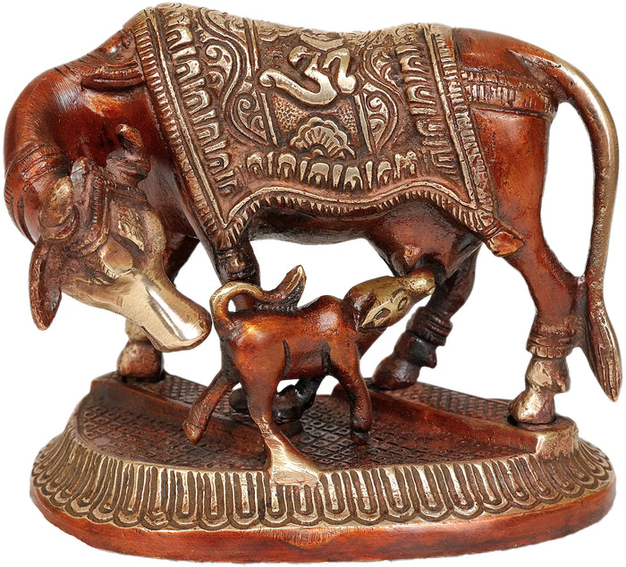 4" Cow and Calf (Saddle Decorated with Om) In Brass | Handmade | Made In India
