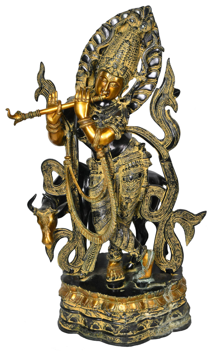 34" Large Size Krishna with Cow In Brass | Handmade | Made In India