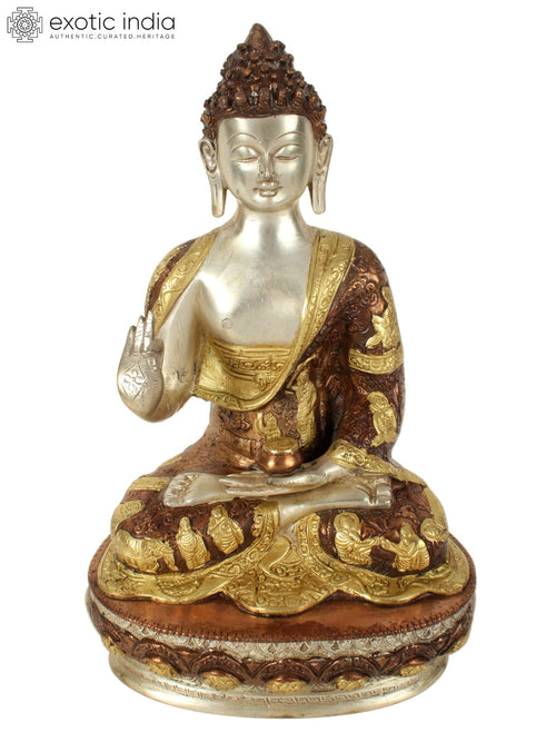 13" Handmade Buddha Seated on Ornate Pedestal Brass Statue