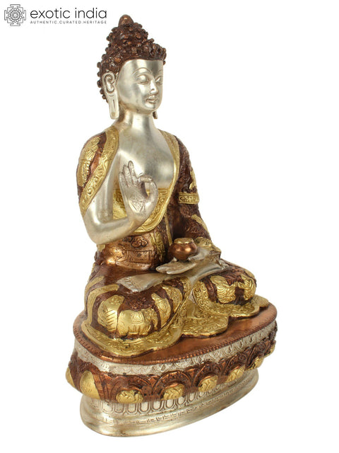 13" Buddha Seated on an Ornate Pedestal | Handmade Brass Statue