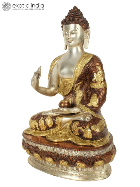 13" Buddha Seated on an Ornate Pedestal | Handmade Brass Statue