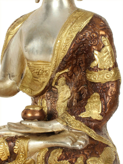 13" Buddha Seated on an Ornate Pedestal | Handmade Brass Statue